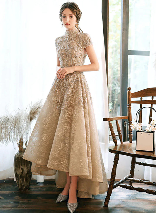 Champagne Lace High Low Short Sleeves Prom Dress, High Low Homecoming Dress