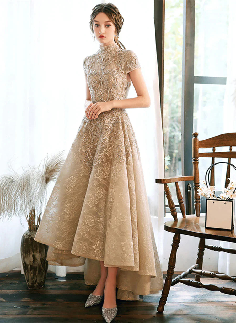 Champagne Lace High Low Short Sleeves Prom Dress, High Low Homecoming Dress