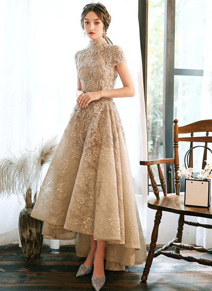 Champagne Lace High Low Short Sleeves Prom Dress, High Low Homecoming Dress