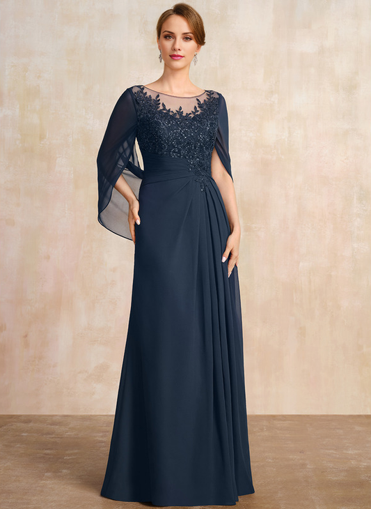 Jimiss A-shaped Scoop Illusion floor lace chiffon with sequins and pleats, mother of the bride dress