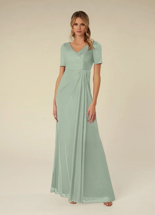 A-line short sleeve pleated mesh floor-length mother of the bride dress