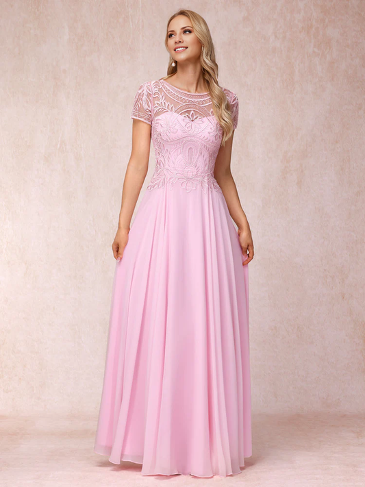 A-line/princess transparent collar short sleeved long with decal mother of the bride dress
