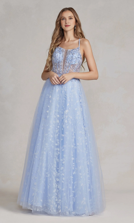 A-line V-neck transparent lace tight corset and floor length Prom dress