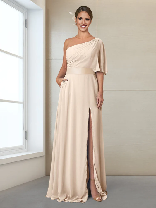 Slimming/Column One Shoulder Half Sleeve Split Mother of the bride dress
