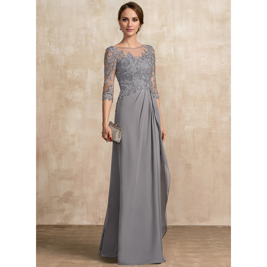 Jimiss A-shaped Scoop Illusion floor mopping chiffon lace ribbon bead sequins layered ruffles mother of the bride dress