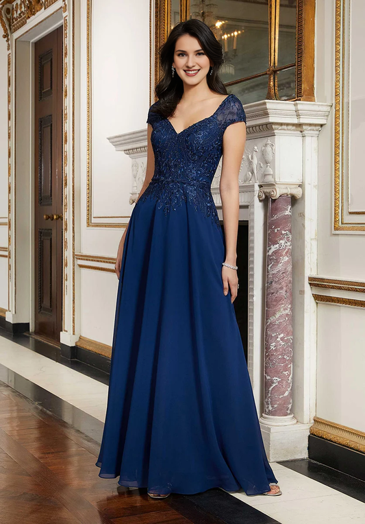 Heart shaped V-neck chiffon sleeve bead embroidery and floor length gown evening dresses