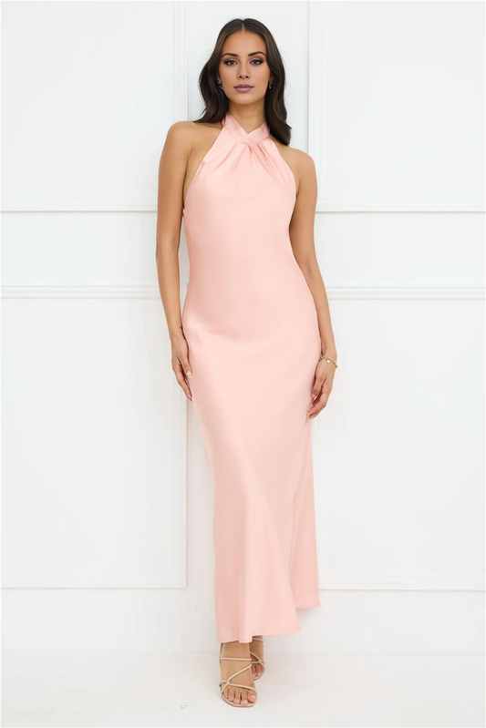 Jimiss halter neckline satin bow tie tie maxi prom dress