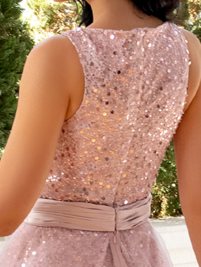 Sheath / Column Cocktail Dresses Sparkle & Shine Prom Dress Wedding Party Tea Length Sleeveless V Neck Detachable Tulle with Glitter Sequin