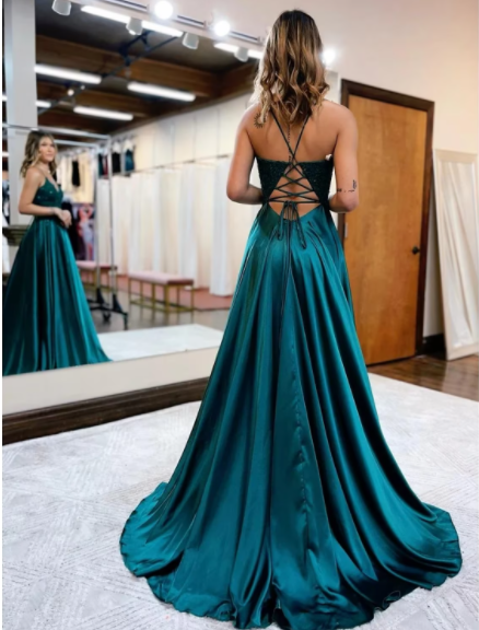 Prom Dresses Formal Sleeveless V Neck Satin Backless with