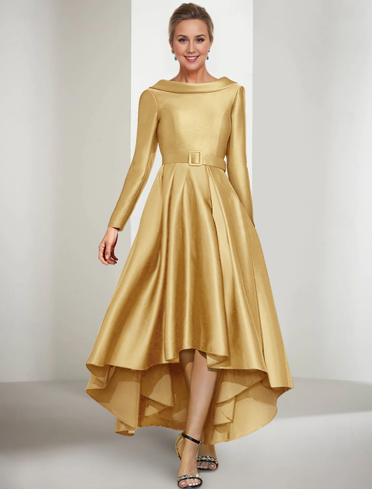 A-shaped bride mother dress elegant gemstone collar asymmetrical satin long sleeved belt/ribbon 2025
