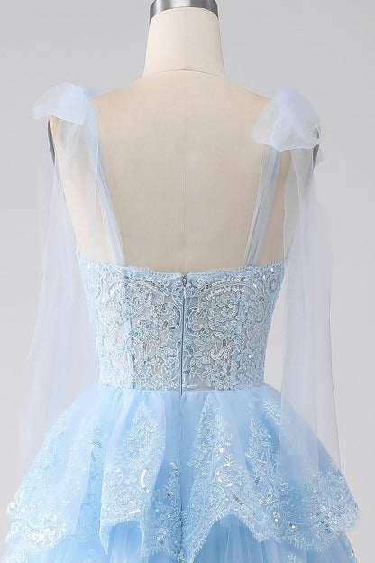 Spaghetti Straps Dark Blue Tiered Sequined Prom Dress with Appliques Sexy