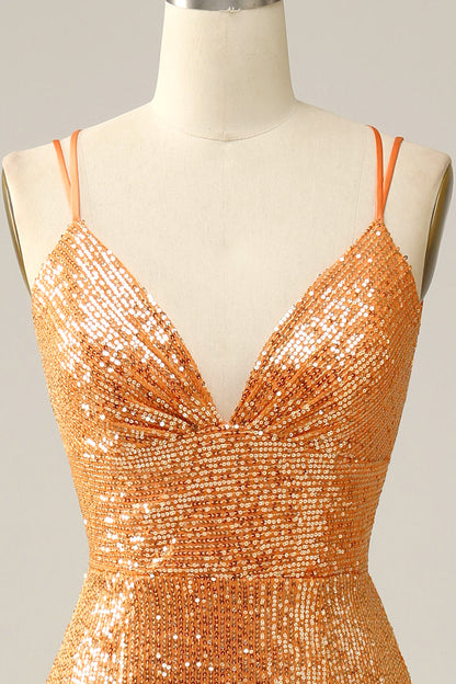 Orange Sequined Backless Mermaid Prom Dress Sparkly