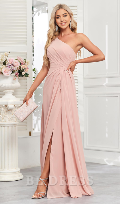 A Line One Shoulder Long Ruched Chiffon formal dresses Bridesmaid Dresses evening gown Prom Dress with Slit