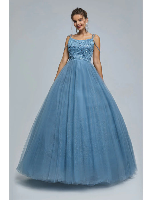 Ball Gown Prom Dresses Sparkle & Shine Dress Graduation Floor Length Sleeveless Spaghetti Strap Tulle with Pearls