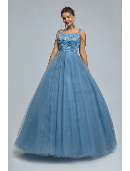 Ball Gown Prom Dresses Sparkle & Shine Dress Graduation Floor Length Sleeveless Spaghetti Strap Tulle with Pearls