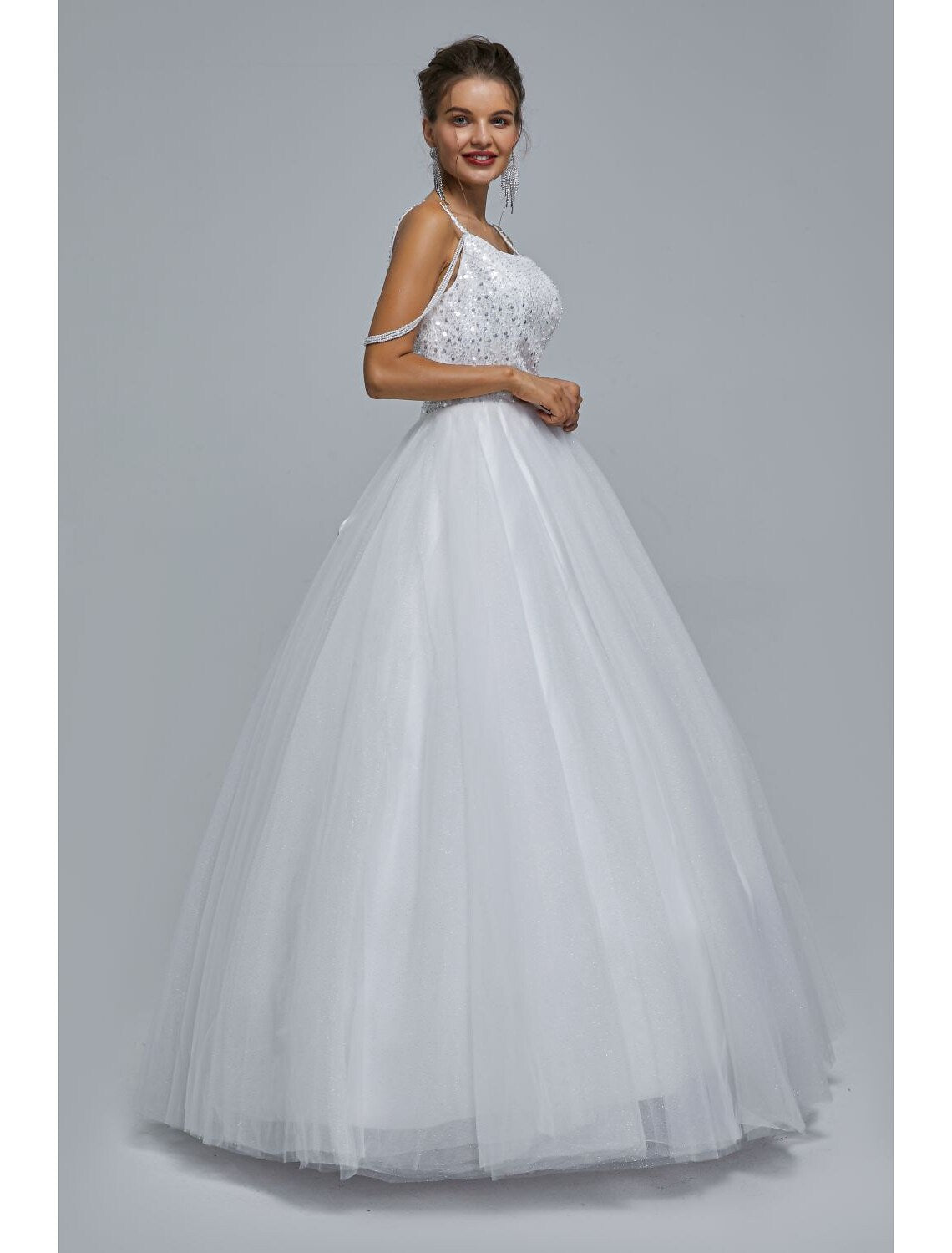 Ball Gown Prom Dresses Sparkle & Shine Dress Graduation Floor Length Sleeveless Spaghetti Strap Tulle with Pearls