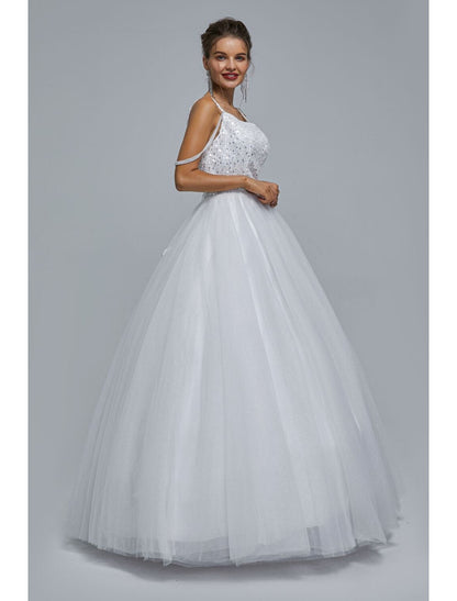 Ball Gown Prom Dresses Sparkle & Shine Dress Graduation Floor Length Sleeveless Spaghetti Strap Tulle with Pearls