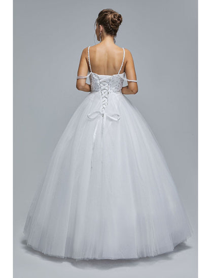 Ball Gown Prom Dresses Sparkle & Shine Dress Graduation Floor Length Sleeveless Spaghetti Strap Tulle with Pearls