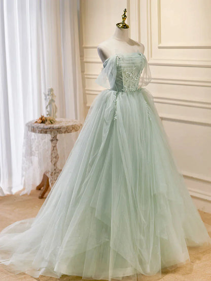 Zoom Light Green Tulle Beaded Sweetheart Long Prom Dress, A-line Green Formal Dress