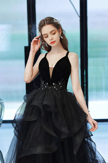 Black Straps V-neckline Tulle Long Party Dress, Black Low Back Prom Dress Formal Dress