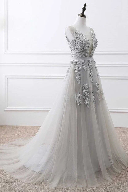 Light Grey Long Party Dress New Prom Dress A Line Sleeveless Royal Blue Evening Dress with Appliques