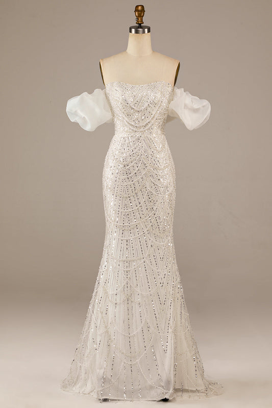 Mermaid Off The Shoulder Sweep Train Wedding Dress with Sequins Sparkly Prom Dresses