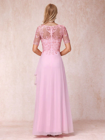 A-line/Princess V-neck short sleeved long formal mother of the bride dress
