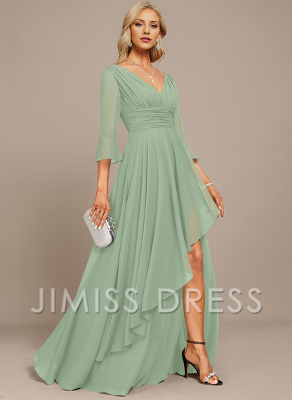 Jimiss A-line V-neck floor mopping chiffon strap with layered ruffles mother of the bride dress
