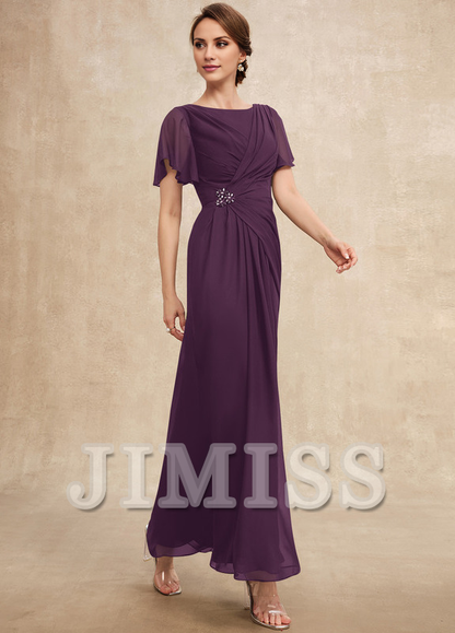 Beaded pleated A-line plunging ankle-length chiffon mother of the bride dress