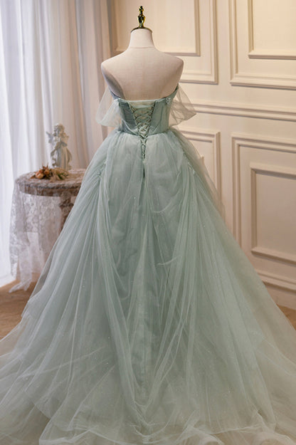 Green Tulle Beaded Ball Gown Off Shoulder Party Dress Sweet 16 Dress Beautiful