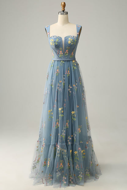 A-Line Square Neck Embroidered Prom Dress Floor Length With Flowers