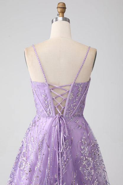 A-Line Spaghetti Straps Lilac Corset Prom Dress with Sequins Floor Length