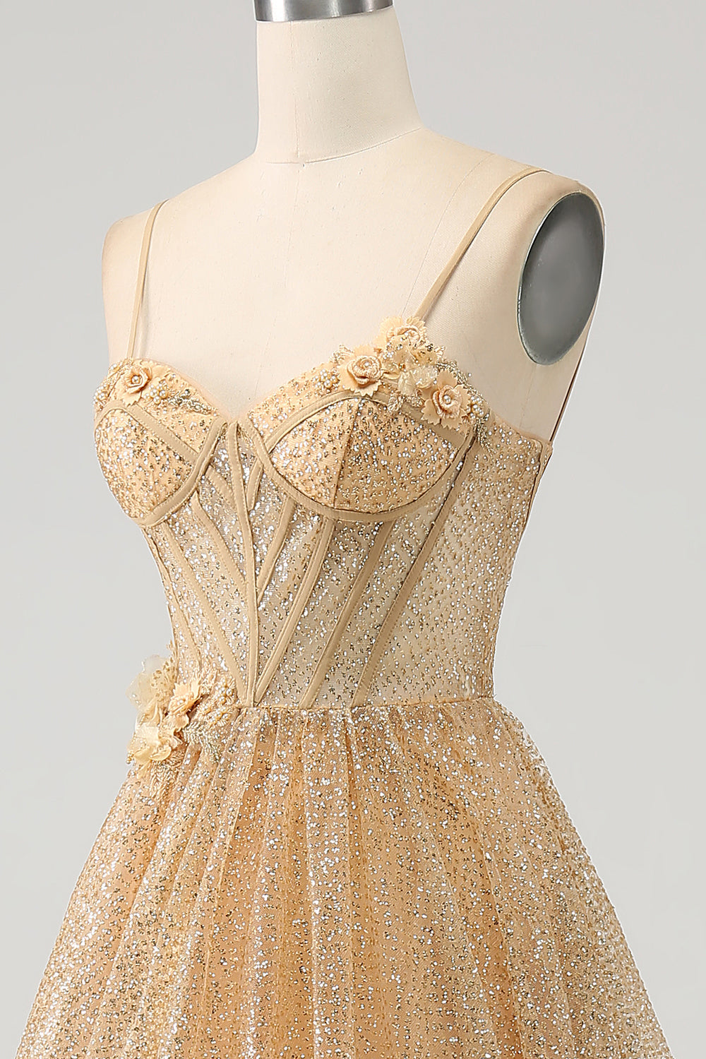 Glitter Golden A-Line Spaghetti Straps Corset Long Prom Dress with Flowers Sparkly