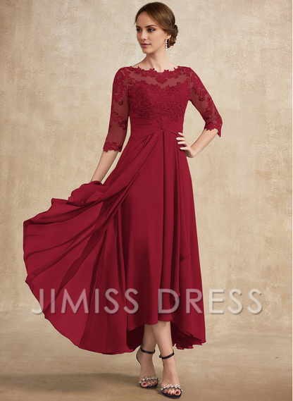 Jimiss A-line hollow illusion asymmetrical lace chiffon belt with layered ruffles mother of the bride dress