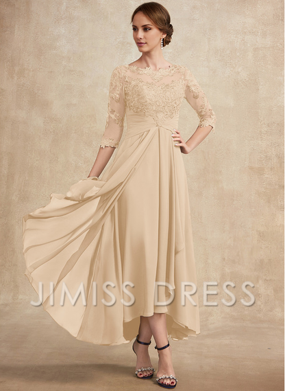 Jimiss A-line hollow illusion asymmetrical lace chiffon belt with layered ruffles mother of the bride dress