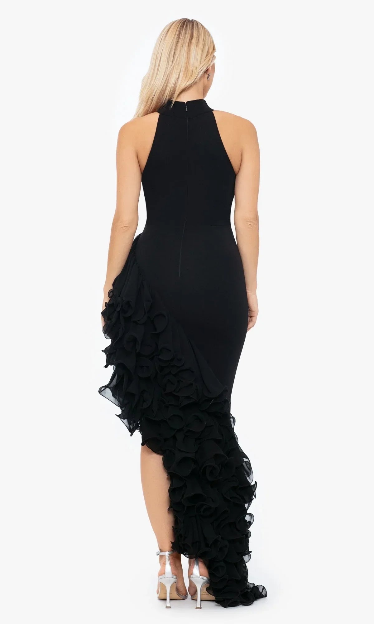 Hanging neck high and low skirt ruffle edge and floor length dress