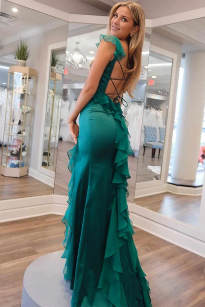 Jimiss Charming Mermaid Square Neck Green Long Ruffle Prom Dress