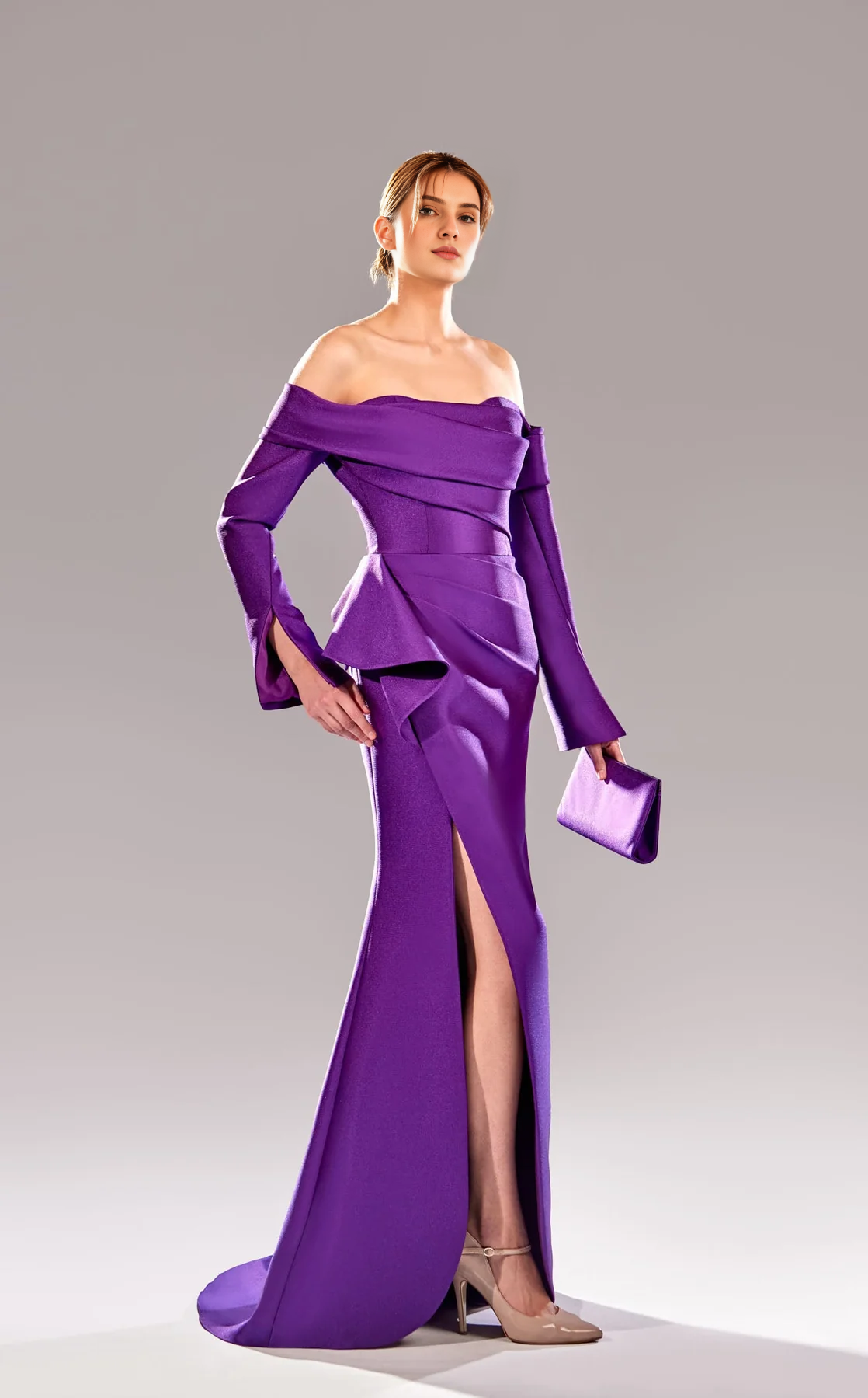 Off shoulder collar long sleeved satin mermaid side slit and floor length Prom dress