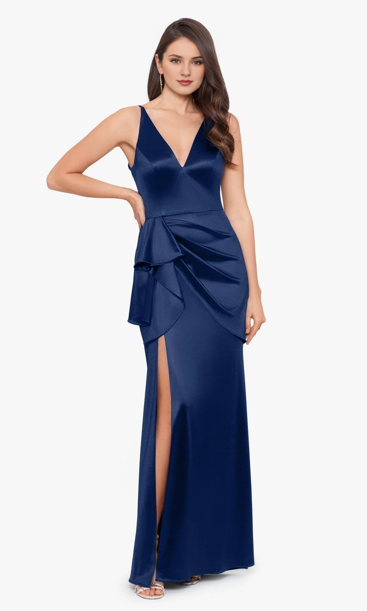 Deep V-shaped slim fit side slit and floor length dress