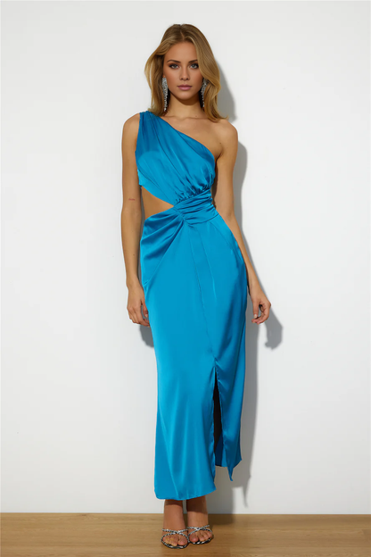 Jimiss One Shoulder Collar Open Back Side Split Long Prom Dress