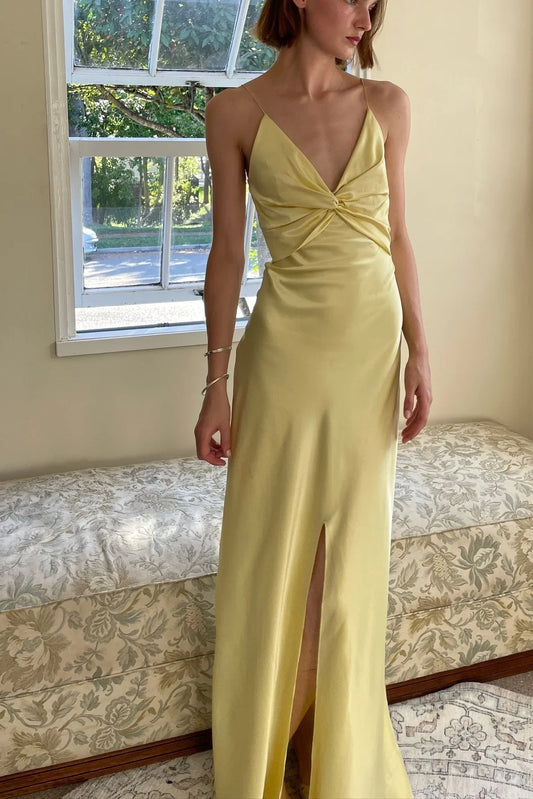 Jimiss chic yellow thin shoulder strap long Prom dress