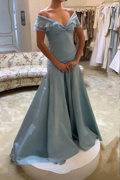Jimiss Retro Style A-line Off Shoulder Grey Blue Ruffle Long Prom Dress