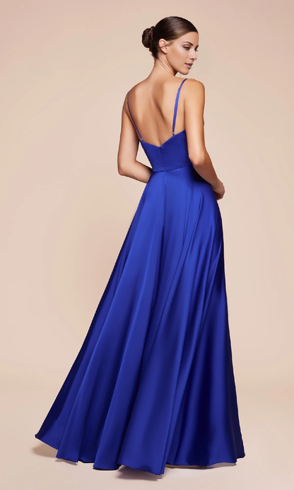 Jimiss A-line V-neck slim shoulder strap tight corset with side slit and floor length Prom dress