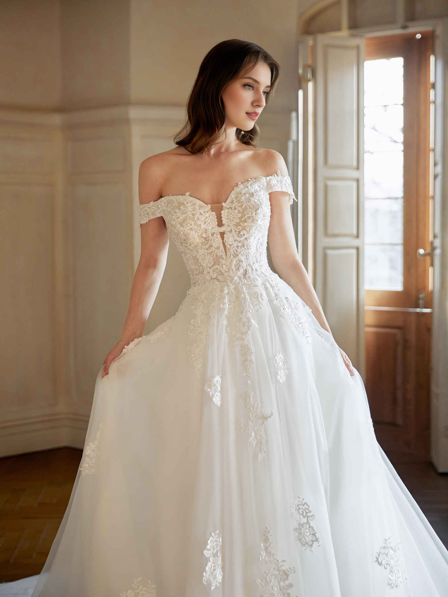 Elegant off shoulder A-line ultra long lace wedding dress