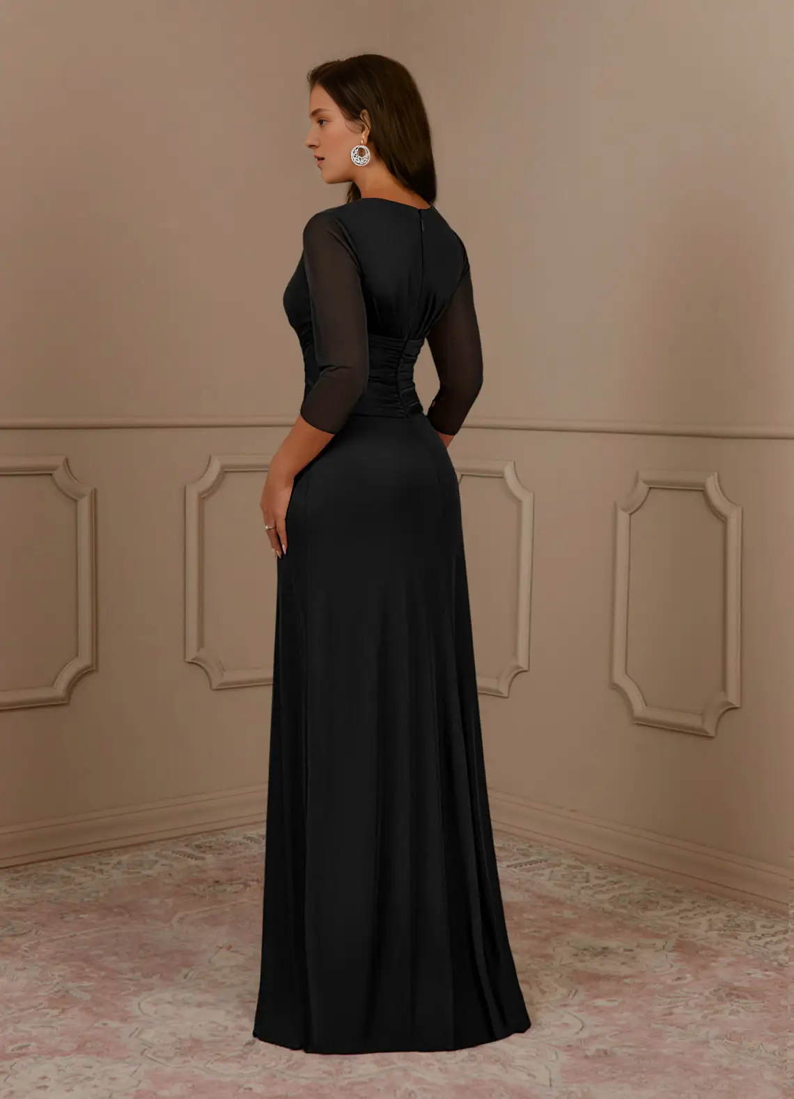 A-line V-neck pleated mesh and floor length mother of the bride dress