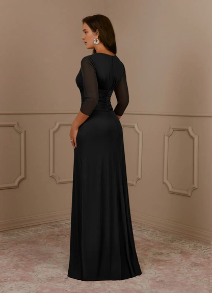A-line V-neck pleated mesh and floor length mother of the bride dress