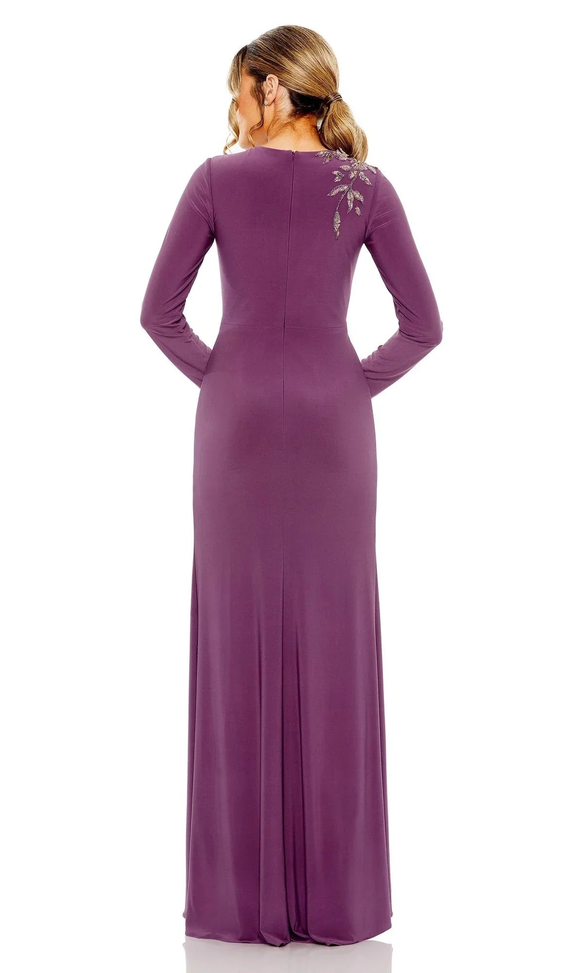 Fitted formal floral embroidery long sleeved and floor length Prom dress