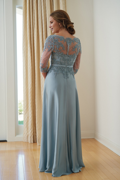 A-line V-neck satin chiffon lace and floor length mother of bride dresses