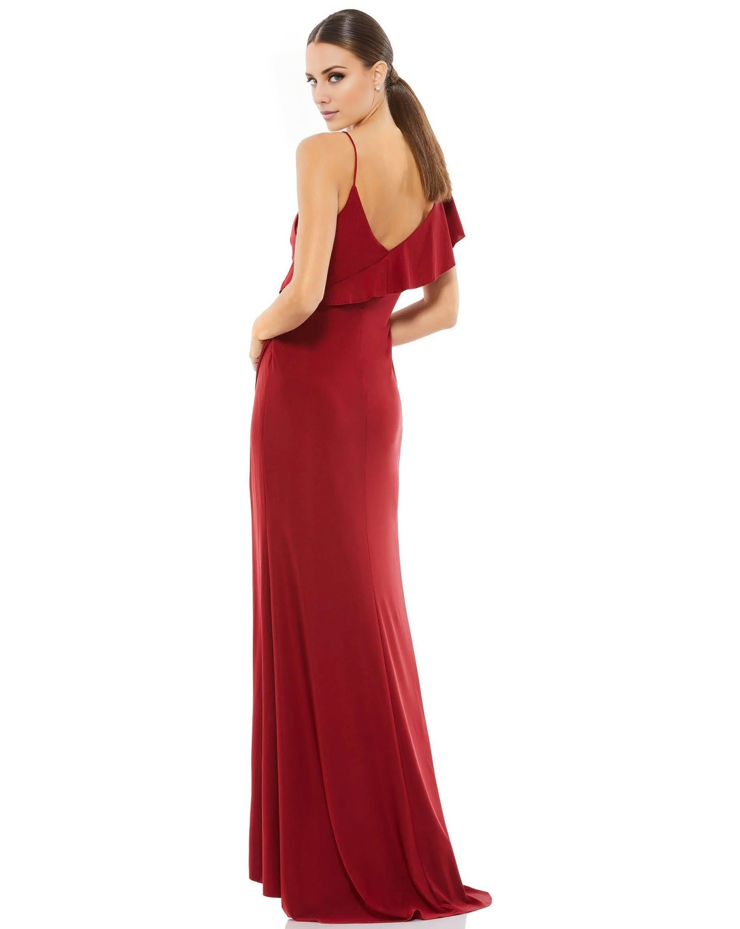 Jimiss V-neck pleated asymmetrical ruffle edge and floor length Prom dress