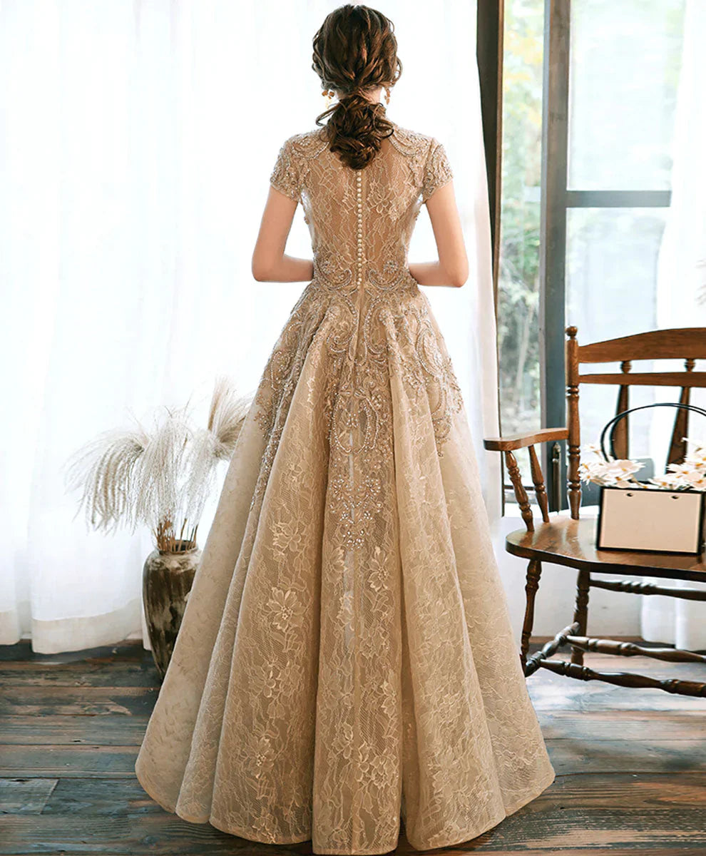 Champagne Lace High Low Short Sleeves Prom Dress, High Low Homecoming Dress